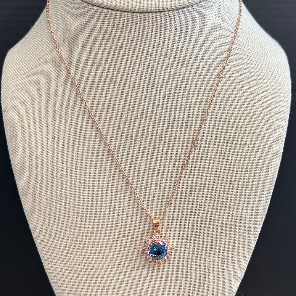 925 Rose Gold Blue Tanzanite Halo Pendant Necklace